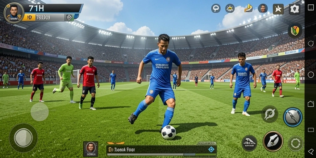 Tampilan gameplay seru di lapangan sepak bola.