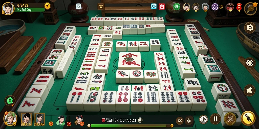 Tampilan gameplay seru dalam GIGA33, menampilkan berbagai ubin Mahjong.