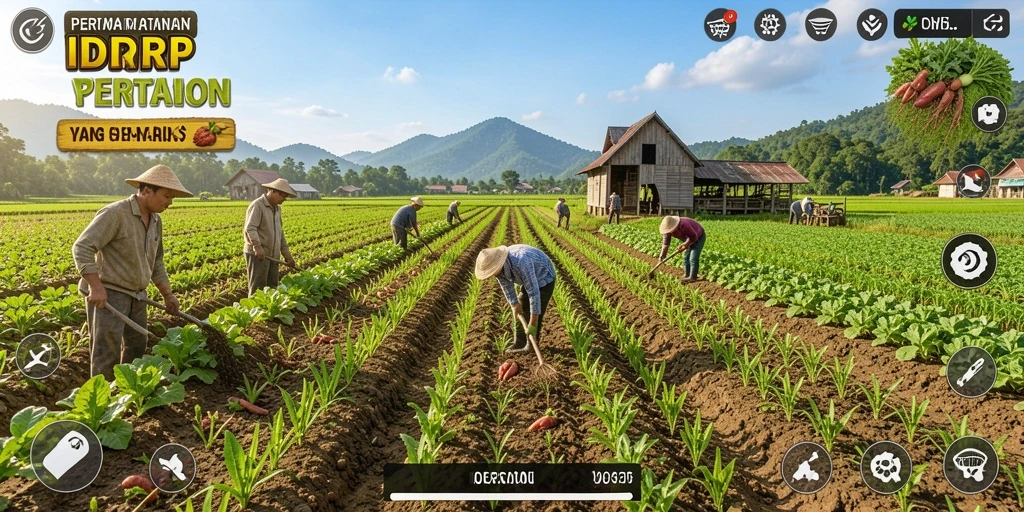 Tampilan gameplay IDRRP dengan ladang pertanian yang subur dan hewan ternak.