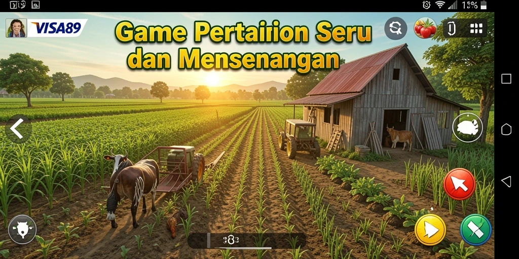 Tampilan gameplay seru dalam VISA89 dengan ladang dan hewan ternak.